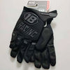 Black racing cycling gloves with a logo on the back displayed against a white background.
