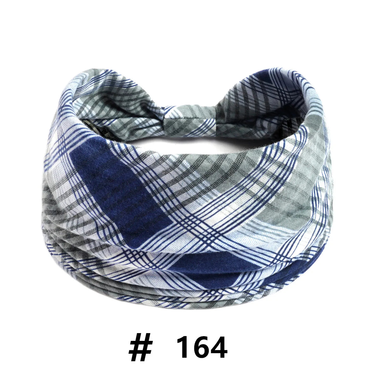 A folded blue and gray plaid cotton turban headband.