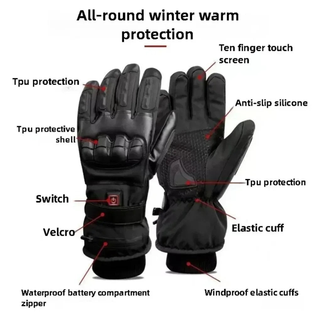 Black all-round winter warm protection gloves featuring TPU protection, anti-slip silicone, and waterproof battery compartmen