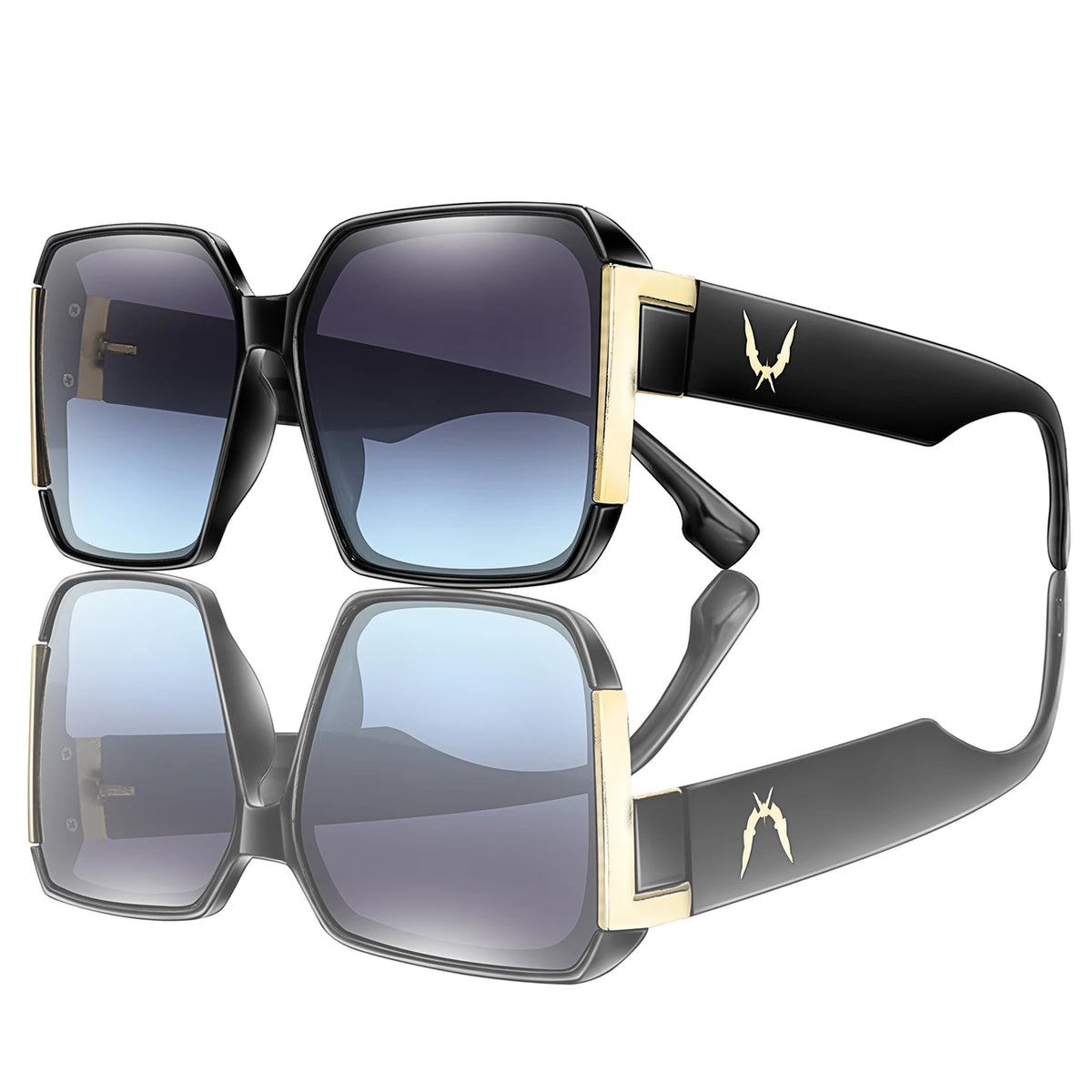 A pair of black square sunglasses with gold accents shown in a studio setting.