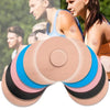 A set of reusable adhesive patches in various shades of beige, pink, and blue are shown with people for sensor fixing.