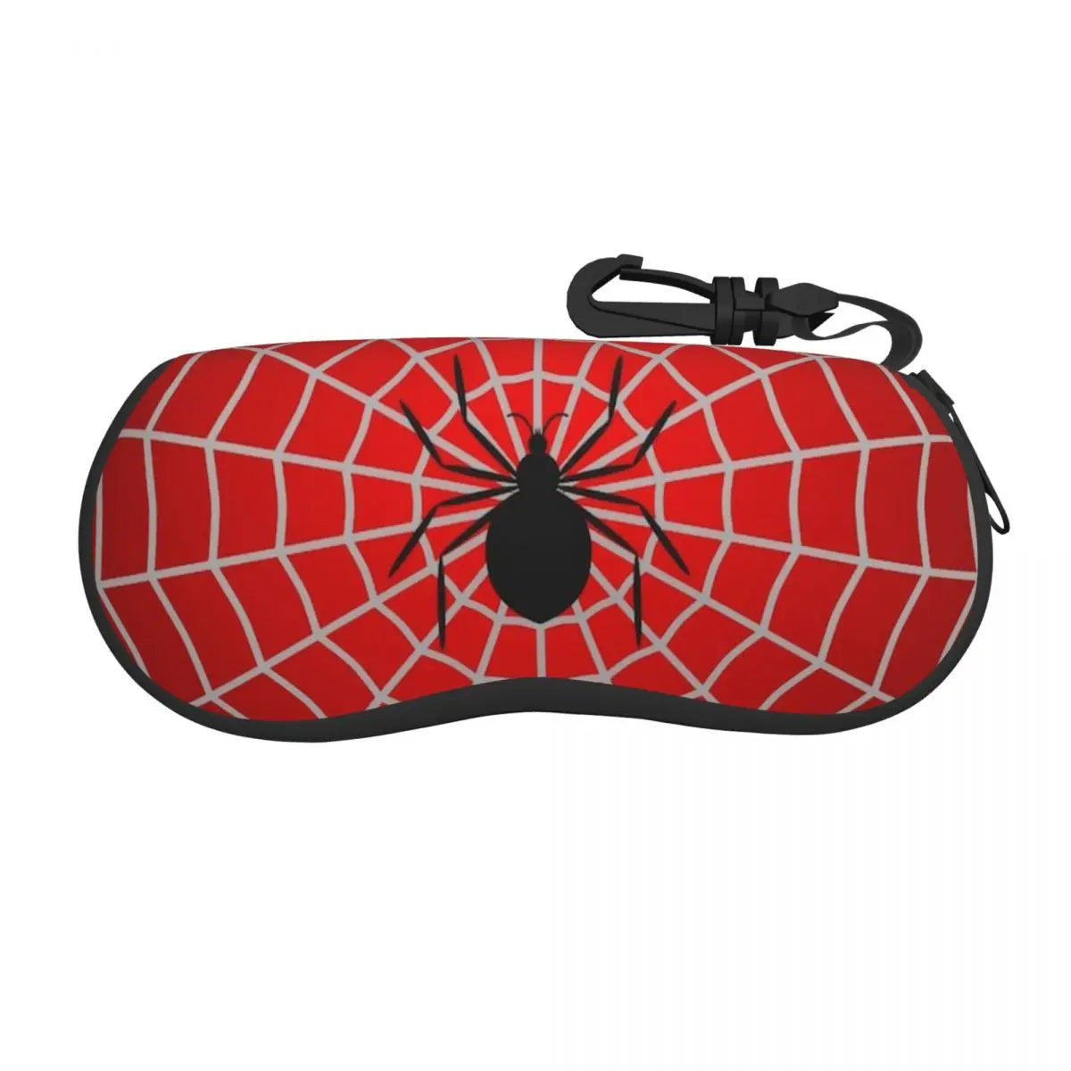 A red spider web patterned pouch with a black spider design and a strap.