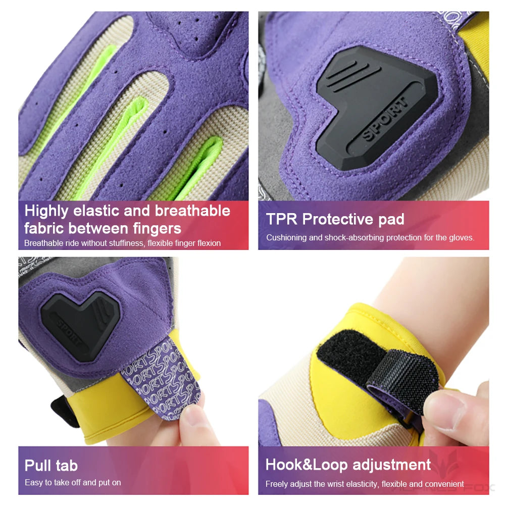 Purple and yellow motorcycle riding gloves featuring elastic fabric, TPR protective pads, and hook&loop adjustment.