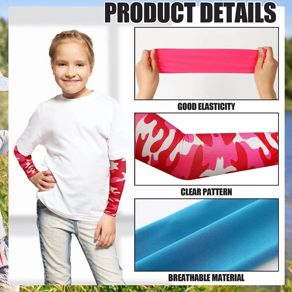 Ein junges Mädchen modelliert leuchtpinke und rote gemusterte UV-Schutzärmel an ihren Armen.