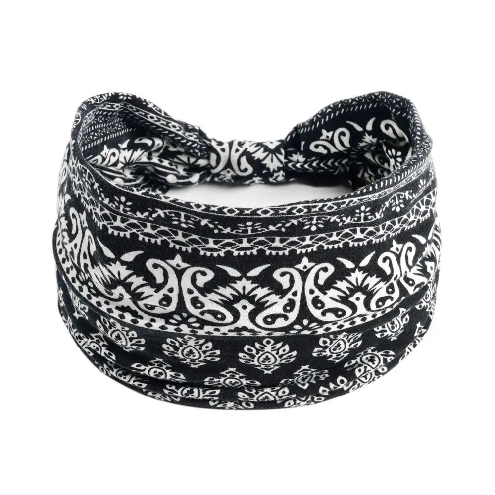 Tire-bande bohème noir et blanc, foulard pour cheveux noué en nœud