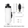 White magnetic water bottle with a black cap and release mechanism, shown next to mounting hardware.