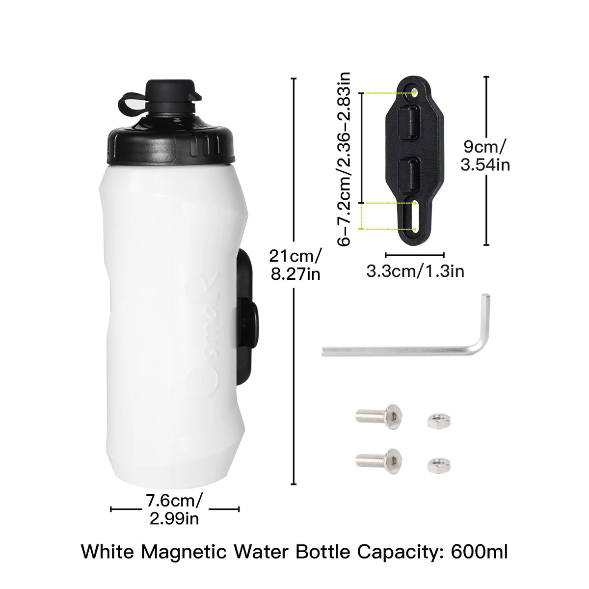 White magnetic water bottle with a black cap and release mechanism, shown next to mounting hardware.