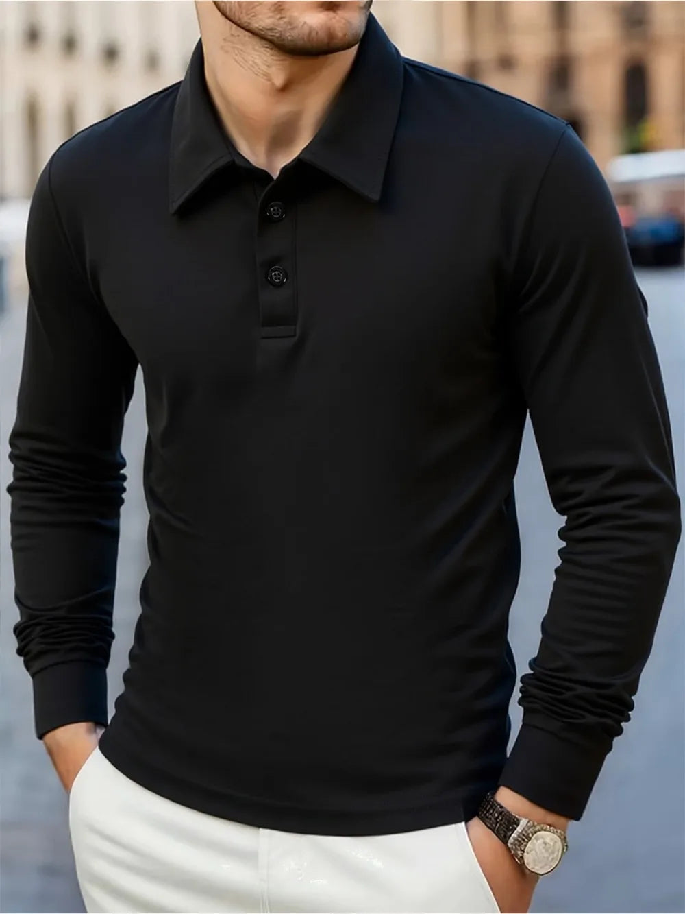 A black men's breathable casual polo shirt with a collar and button placket, shown on a model.