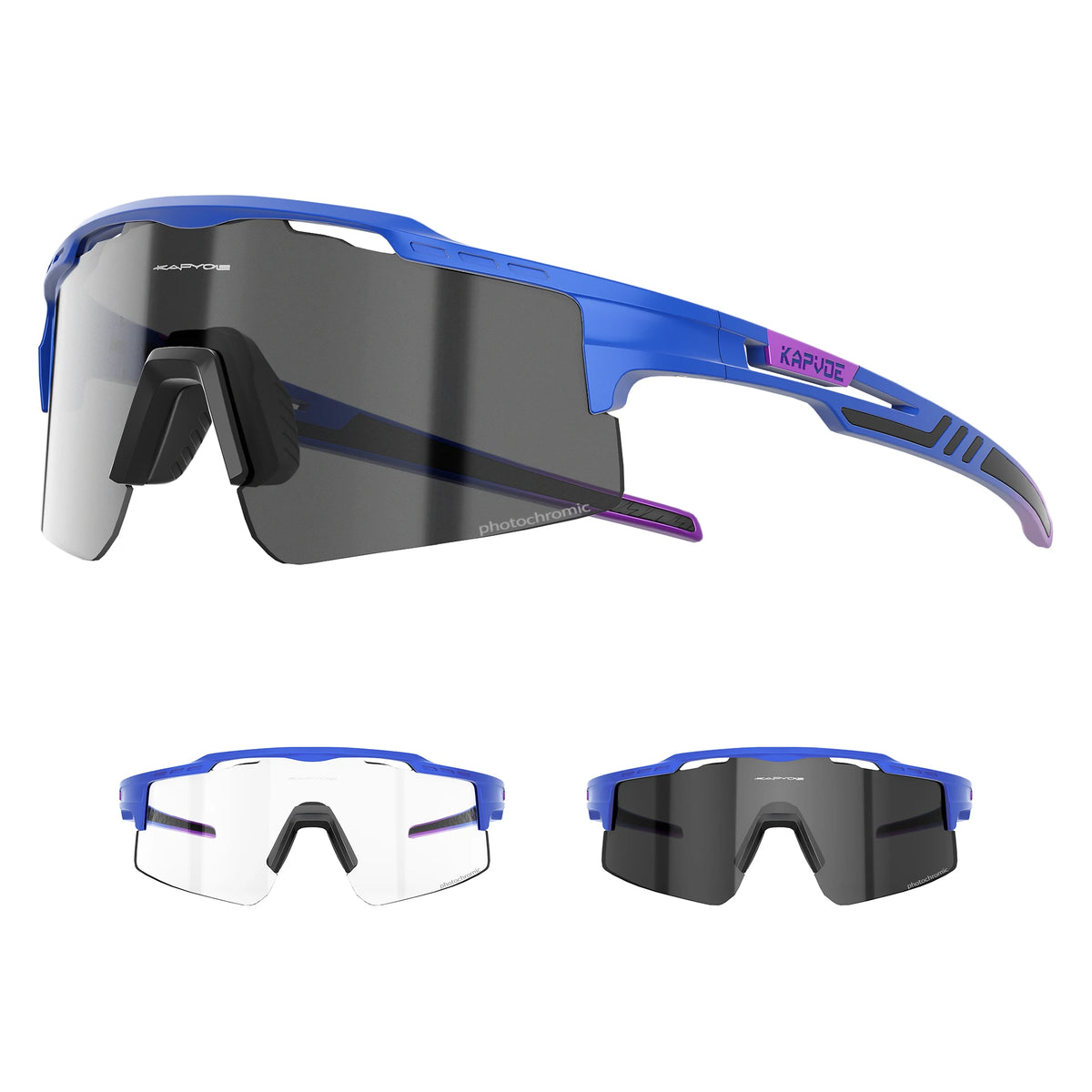 A pair of purple and blue photochromic cycling sunglasses shown in various angles.