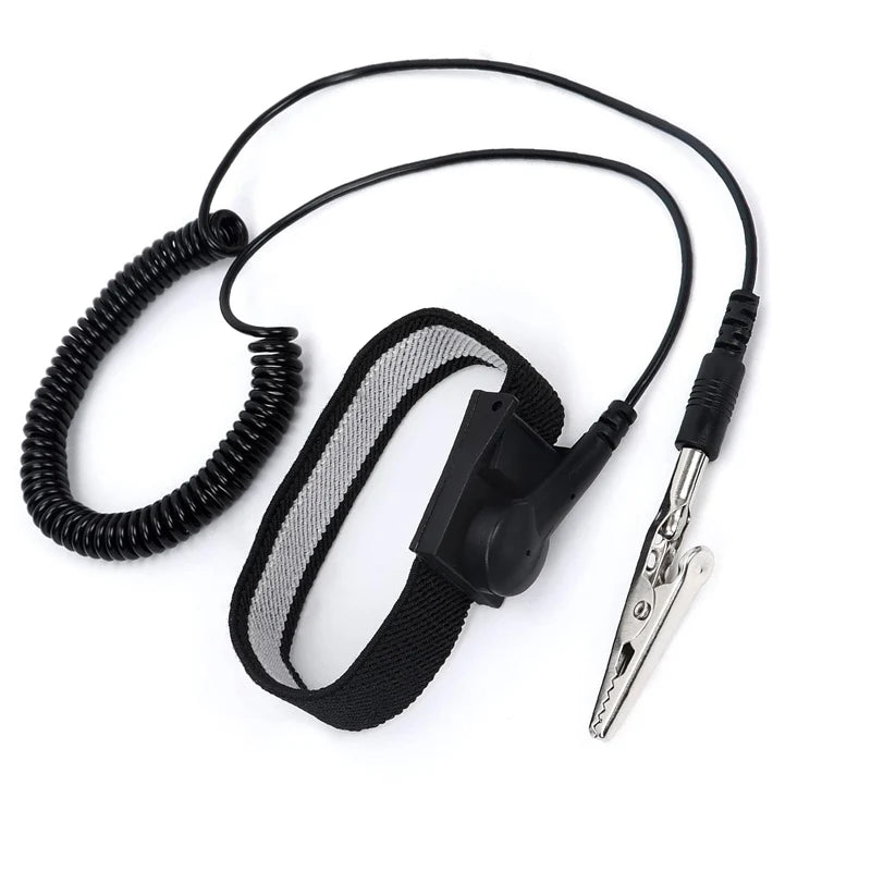 Black adjustable ESD wrist strap with a metal clip for electronics safety