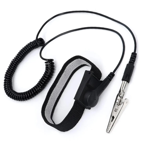 Black adjustable ESD wrist strap with a metal clip for electronics safety