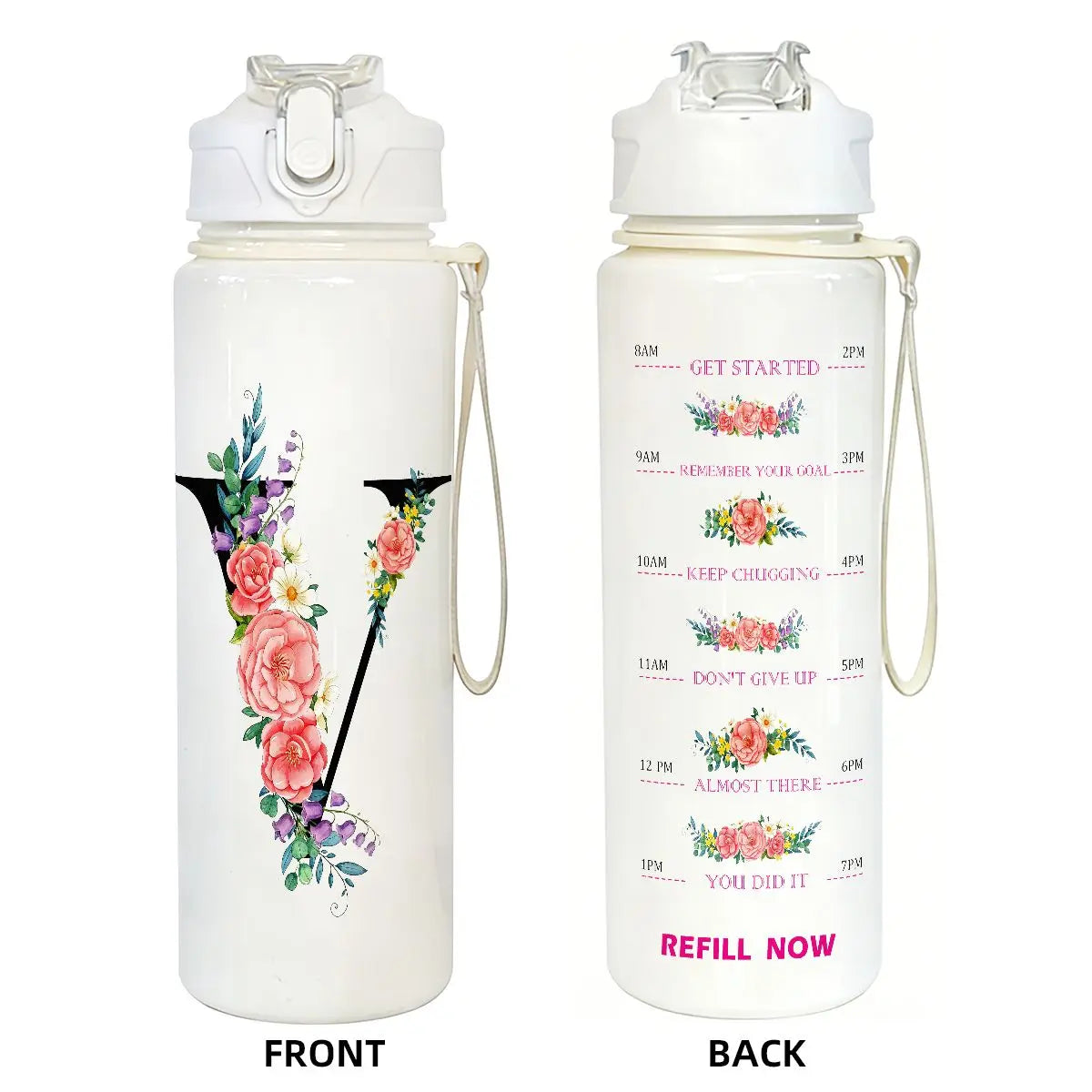 Front and back views of a white insulated straw tumbler for hydration