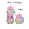 Pink leakproof silicone sports water bottle with a colorful, marbled design.