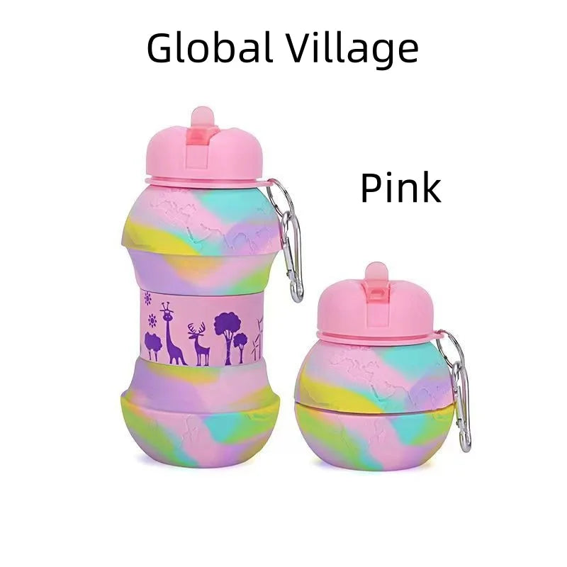 Pink leakproof silicone sports water bottle with a colorful, marbled design.