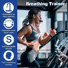 A woman uses an adjustable breathing trainer while exercising on a treadmill.