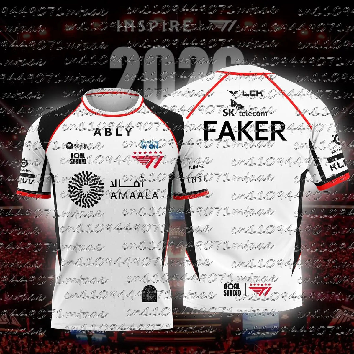 A white esports team jersey with black and red accents featuring the name FAKER on the back.