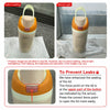 An insulated stainless steel thermos mug in beige and orange colors shown under indoor and natural light conditions.