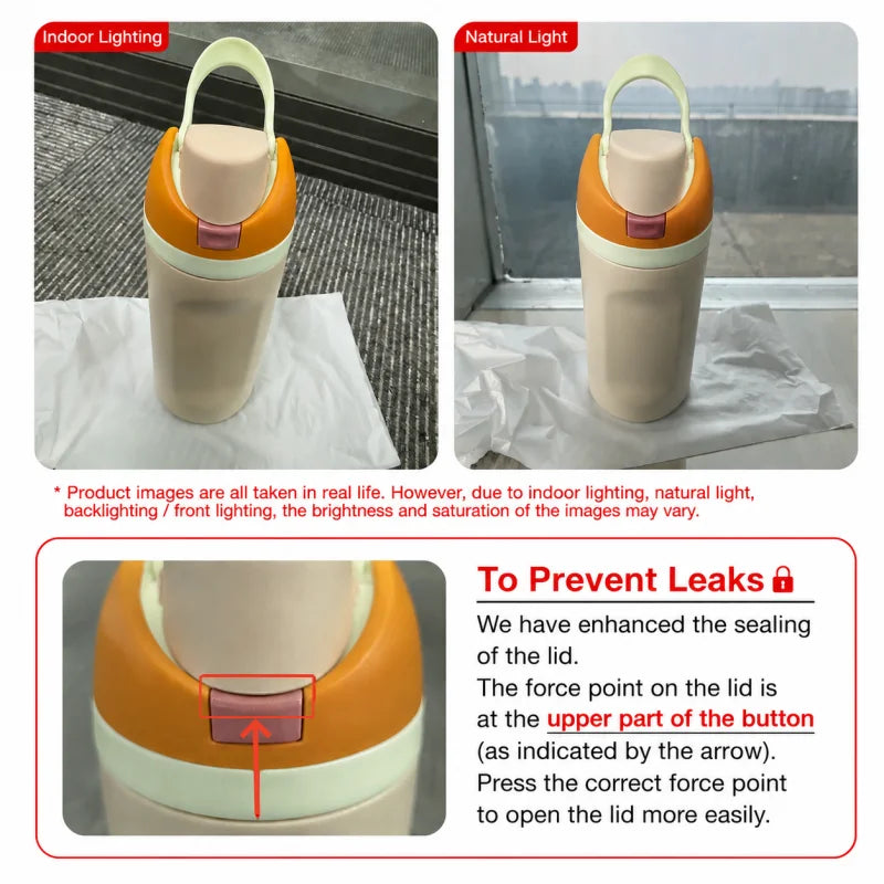 An insulated stainless steel thermos mug in beige and orange colors shown under indoor and natural light conditions.