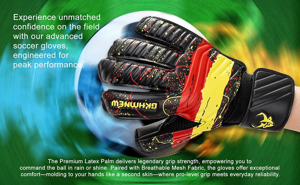 Primer plano de guantes de portero de fútbol negros y amarillos sobre una pelota azul, destacando características de rendimie