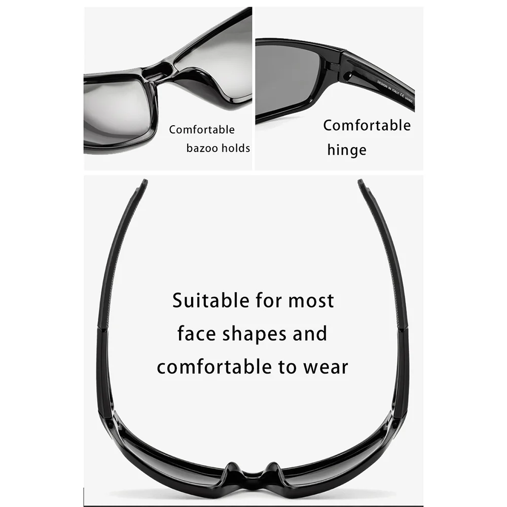 Lunettes de soleil noires polarisées vues sous différents angles et un gros plan sur la conception de la monture