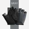 A pair of gray breathable half-finger sport gloves shown against a light gray background.