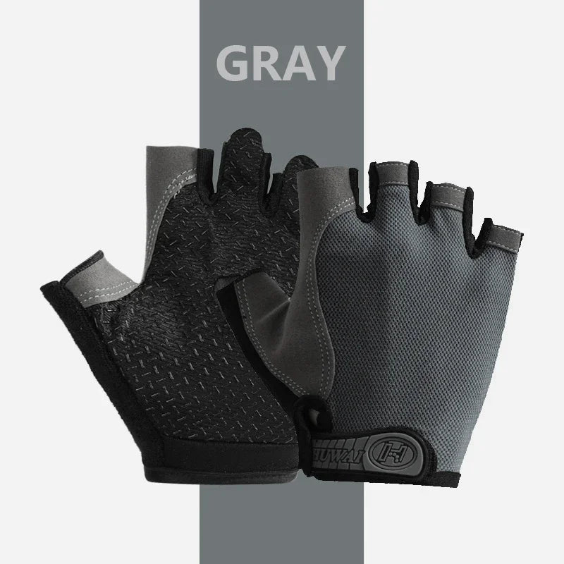 A pair of gray breathable half-finger sport gloves shown against a light gray background.