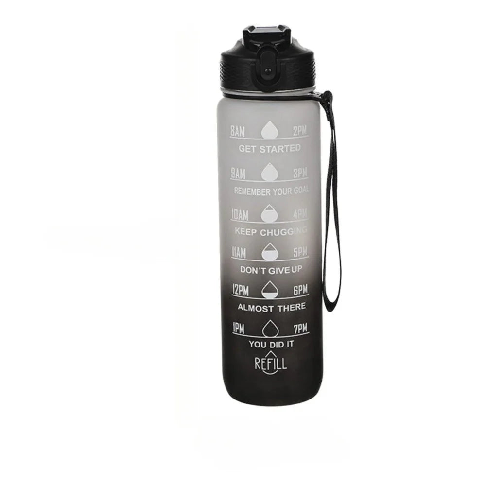 Black insulated sports water bottle with time markers on the side