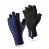 A pair of navy blue and black half finger cycling gloves shown against a white background.
