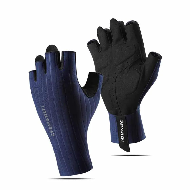 A pair of navy blue and black half finger cycling gloves shown against a white background.
