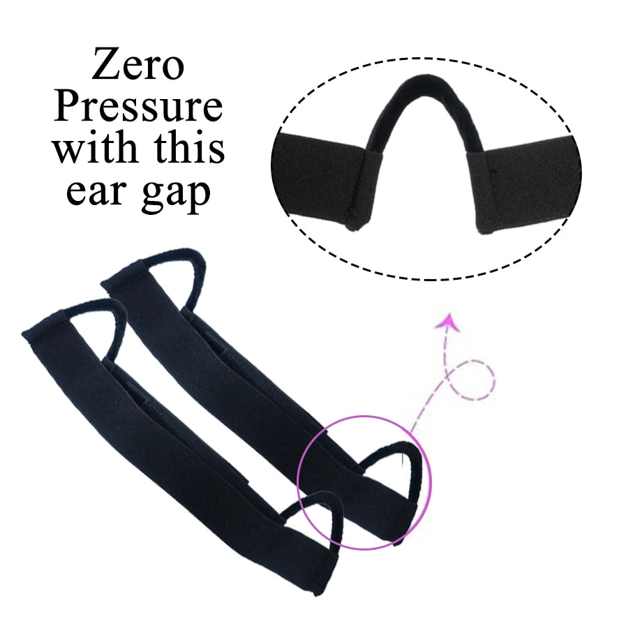 Black zero pressure ear gap wig band shown with an inset diagram and a separate strap.