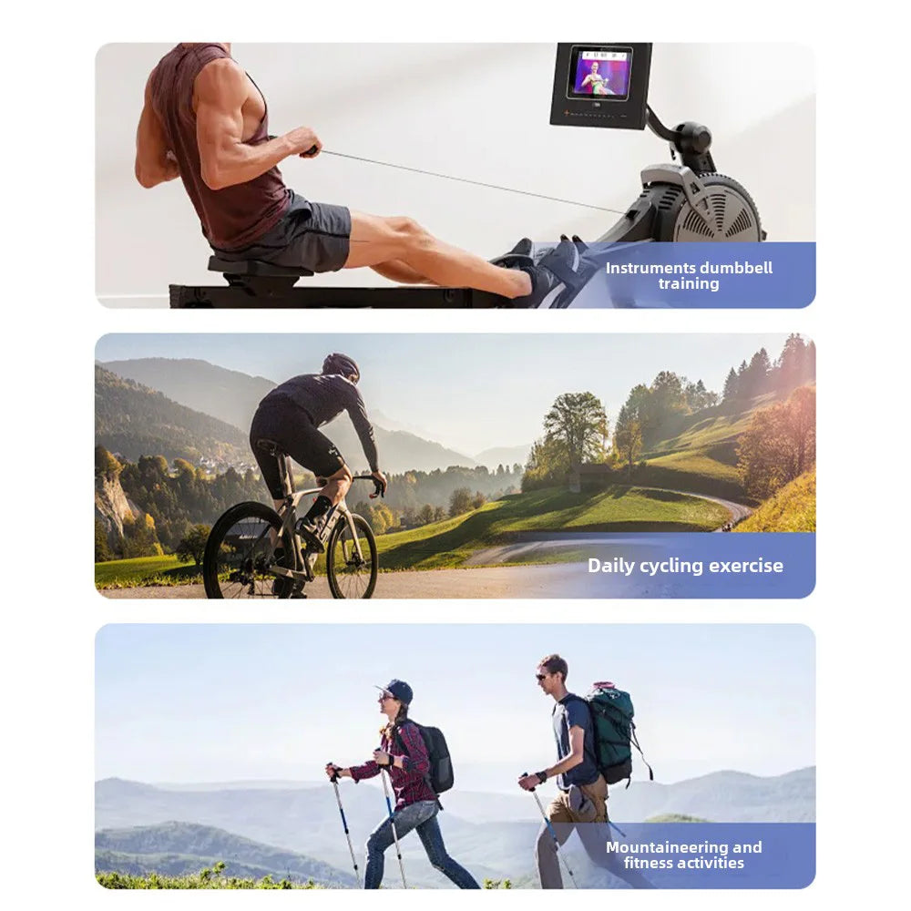 A collage showing various fitness activities including dumbbell training, cycling, and mountaineering.
