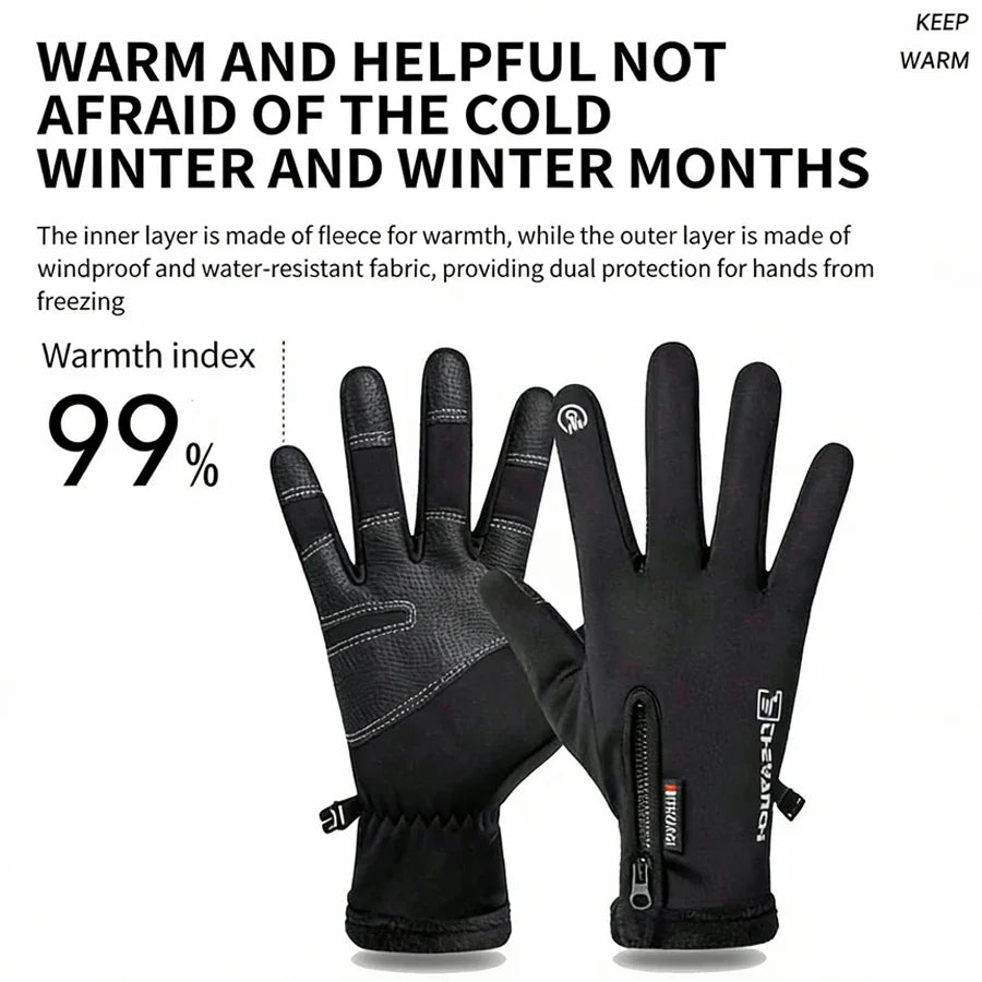 A pair of black waterproof and windproof winter gloves shown against a white background.