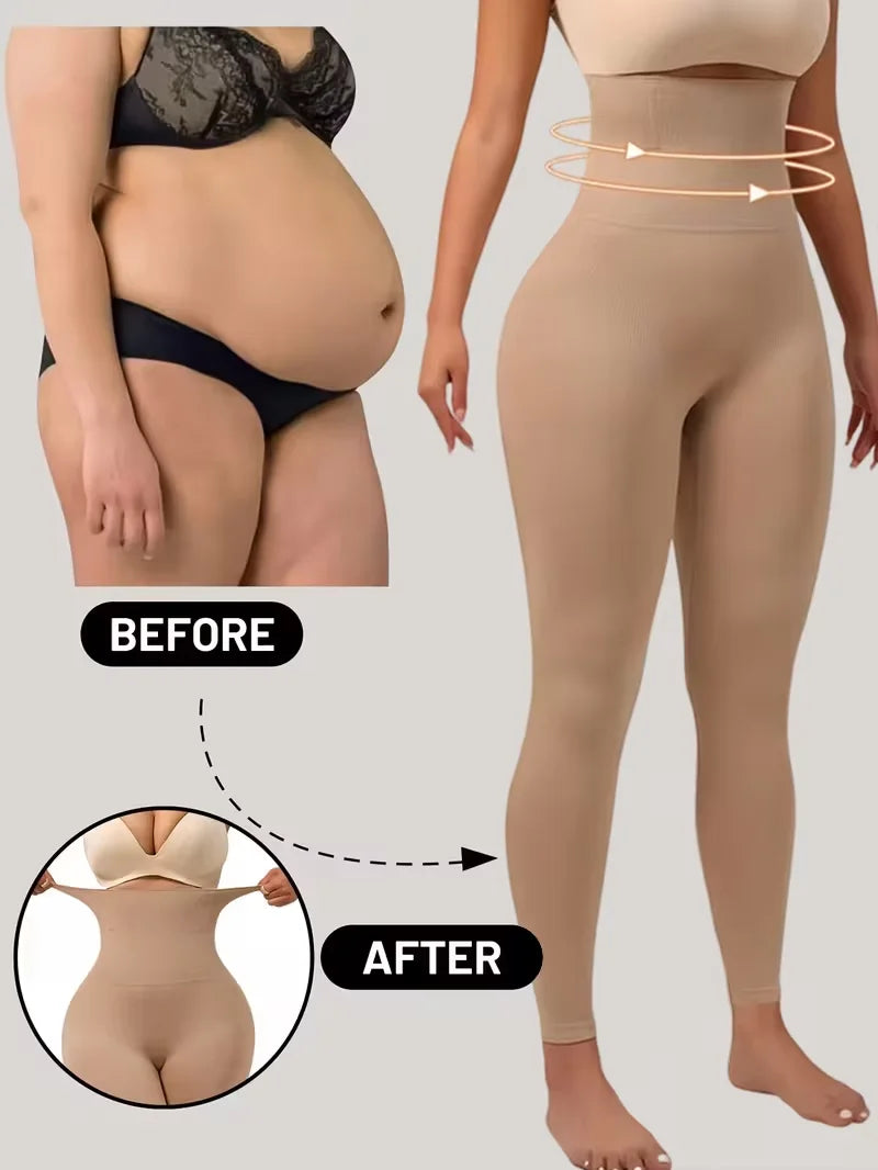 Before and after comparison showing high-waist compression shaping leggings for body contouring