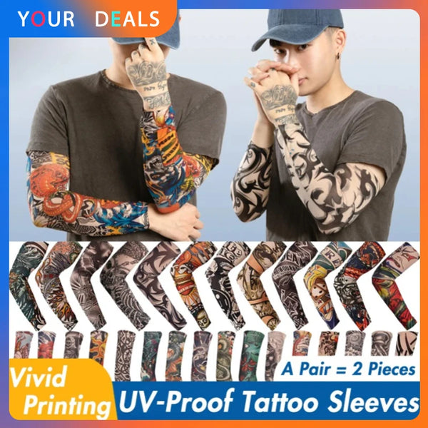 A pair of vivid printing UV-proof tattoo sleeves worn by a man.