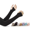 A pair of black ice sleeves for sports and outdoor activities are shown, with several rolled-up sleeves nearby.