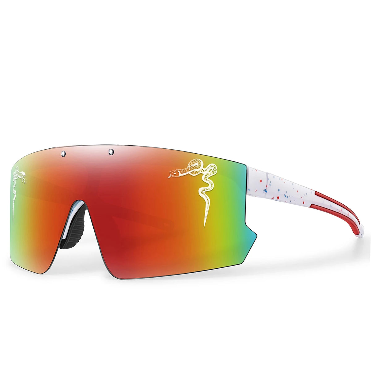 A pair of orange-tinted cycling sunglasses with white and pink accents resting on a white background.