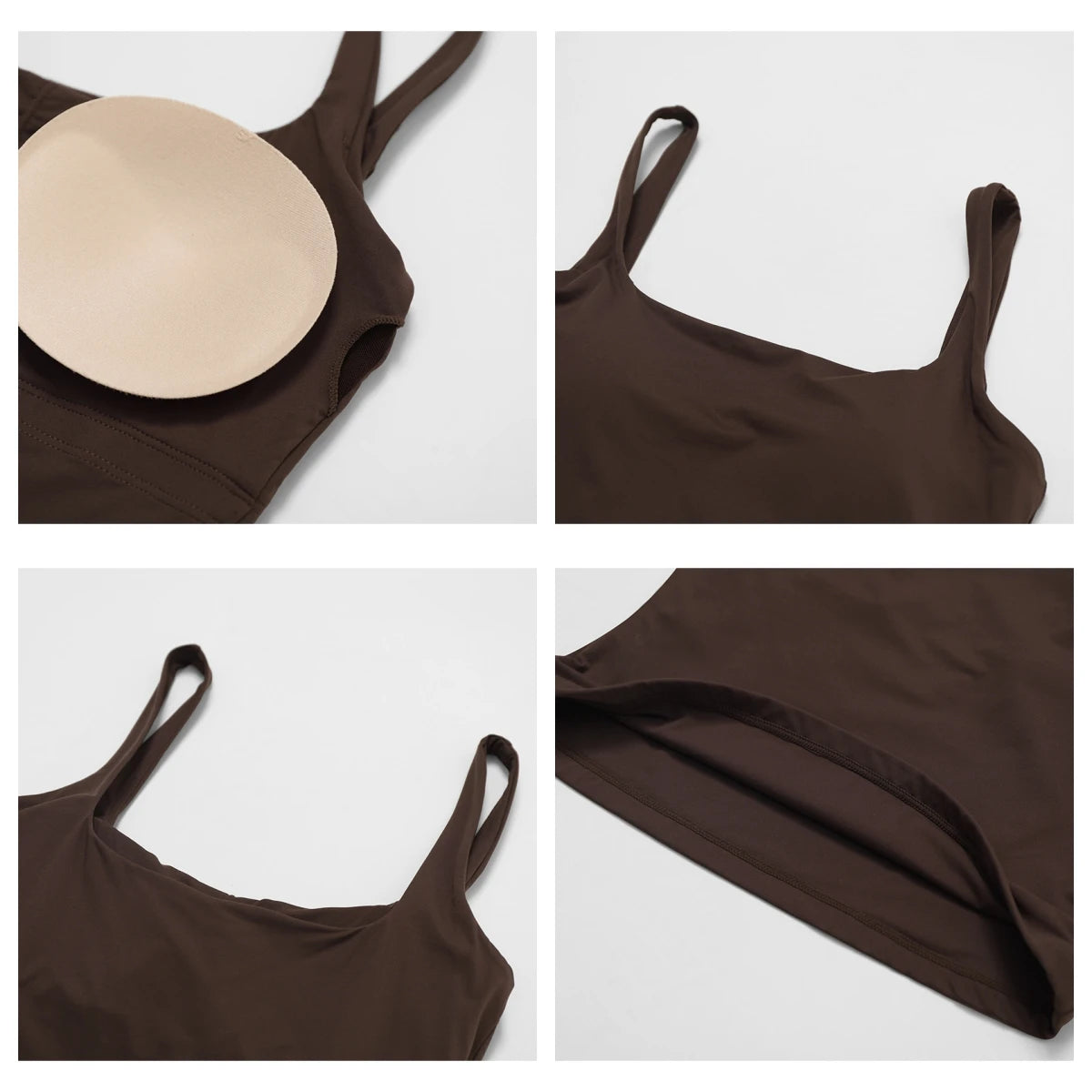 Top deportivo de yoga de cuello cuadrado marrón mostrado en varias vistas.