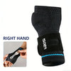 Black adjustable wrist palm support brace shown on a hand and as a standalone product.
