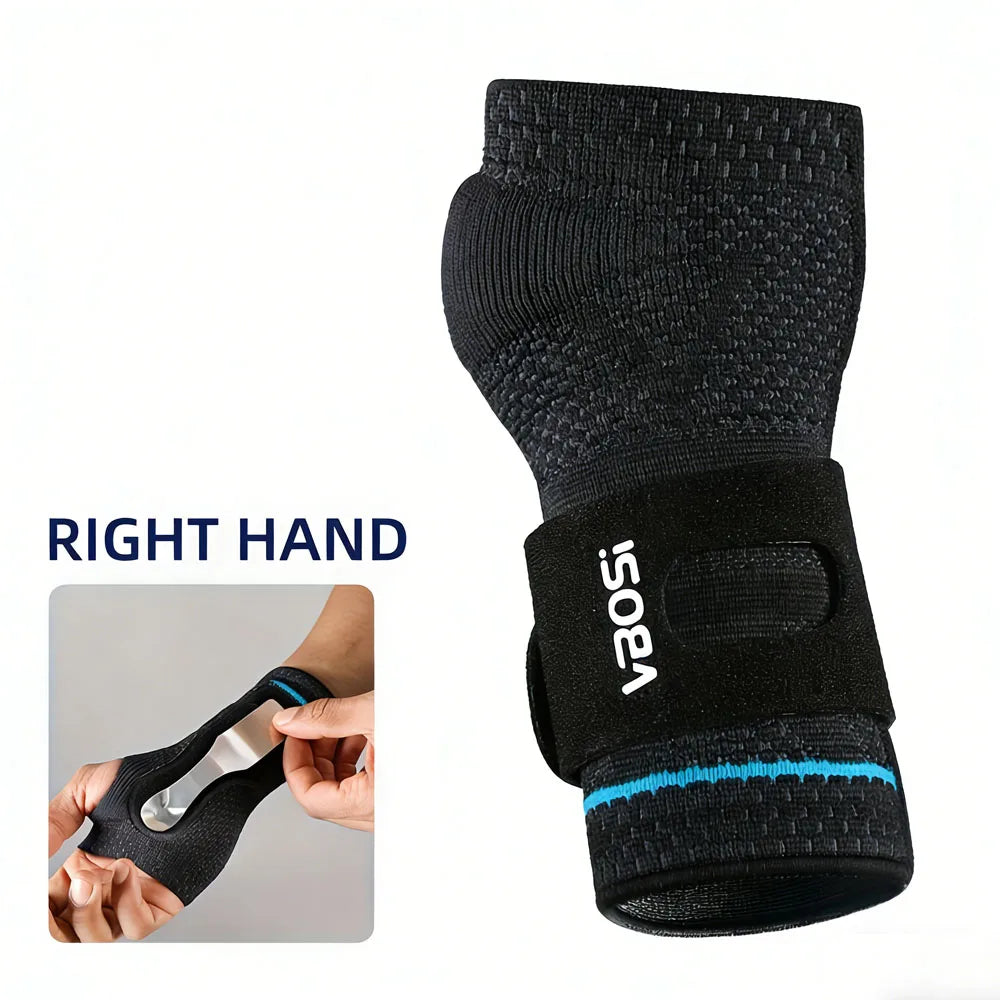 Black adjustable wrist palm support brace shown on a hand and as a standalone product.