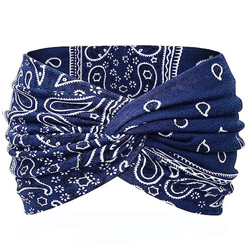 Navy blue boho leopard print yoga headband tied in a knot