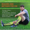 A man wearing lime green calf compression sleeves is sitting on grass with a green background and text about reasons and meth