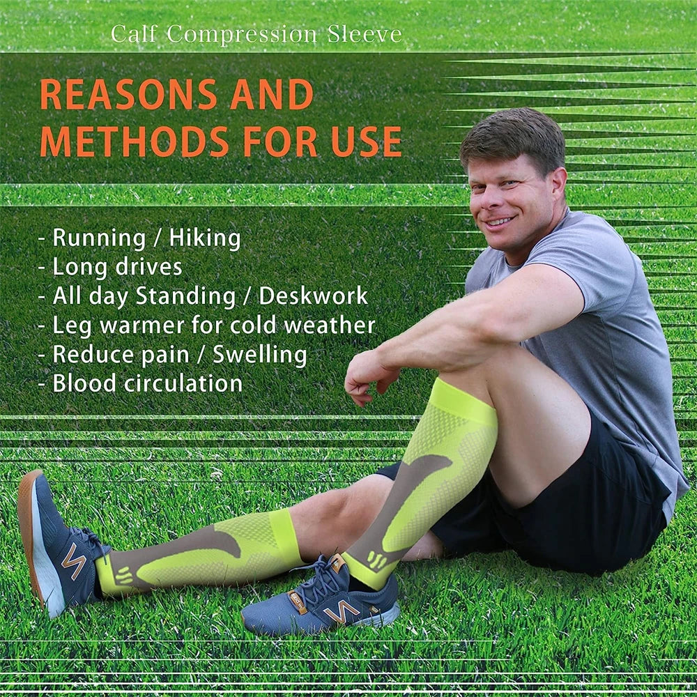 A man wearing lime green calf compression sleeves is sitting on grass with a green background and text about reasons and meth
