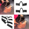 A black adjustable lace wig band is shown being applied to a person's hair edge.