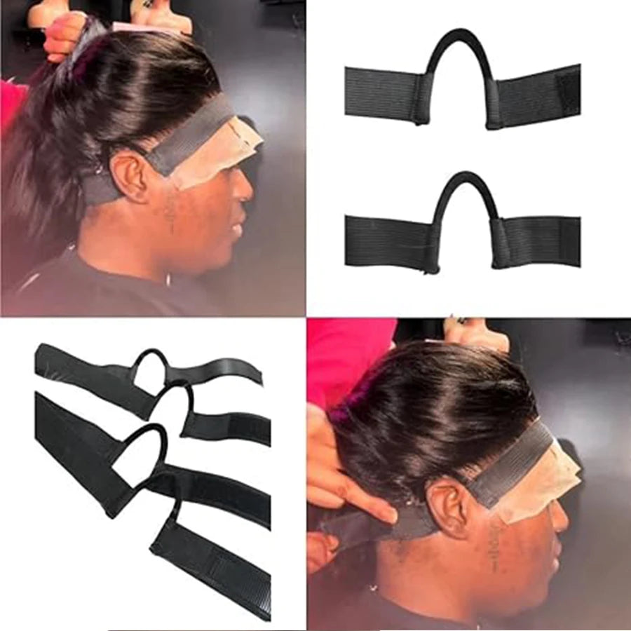 A black adjustable lace wig band is shown being applied to a person's hair edge.