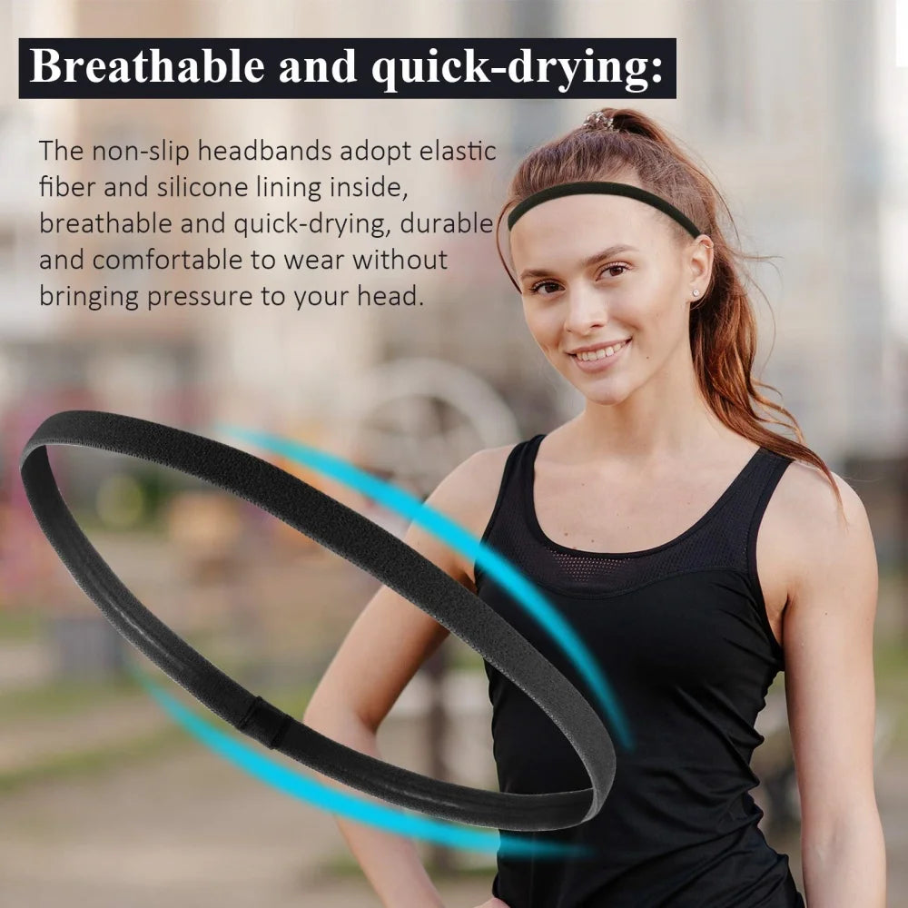 Eine Frau trägt ein schwarzes elastisches Sport-Headband auf dem Kopf.