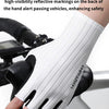 White half finger cycling gloves with reflective markings on the back, shown on a hand.