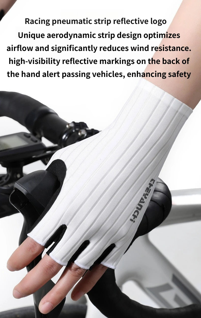 White half finger cycling gloves with reflective markings on the back, shown on a hand.