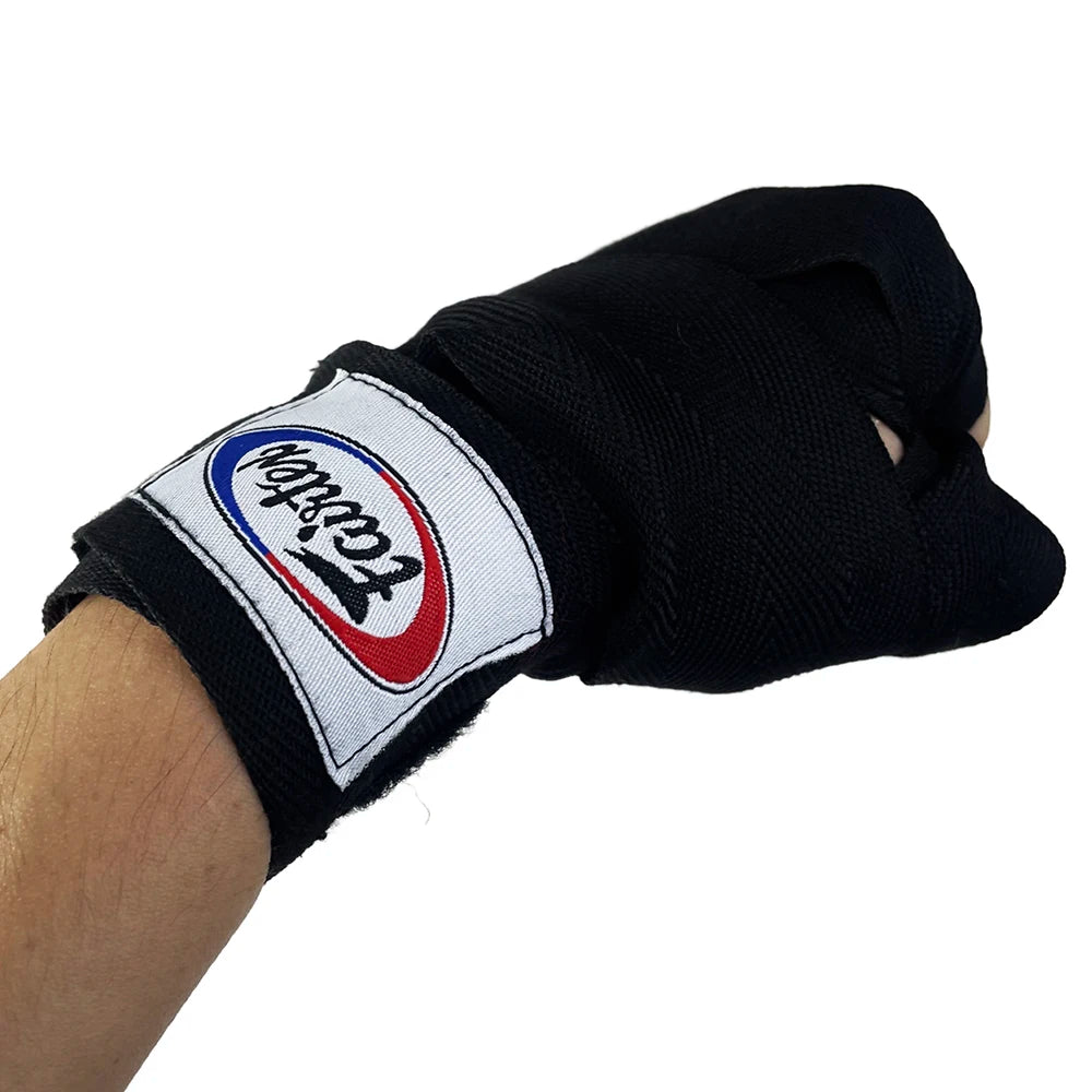 Black boxing hand wraps with a white and red logo on the wrist area.