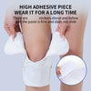 White adhesive knee pads are shown being applied to a person's leg, demonstrating their firm grip and adherence.