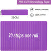 Roll of purple pre-cut kinesiology tape with 20 strips, hypoallergenic and made of 100% cotton.